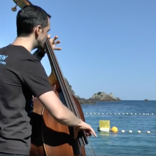 Double bassist Paul Dwyer plays at The Cove, Taiji, Japan
