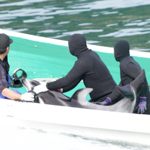 Captured dolphin taken by hunters Captured dolphin taken by hunters