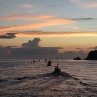 Hunting boats head out in search of dolphins on the first day of Taiji, Japan's dolphin drive hunt season.