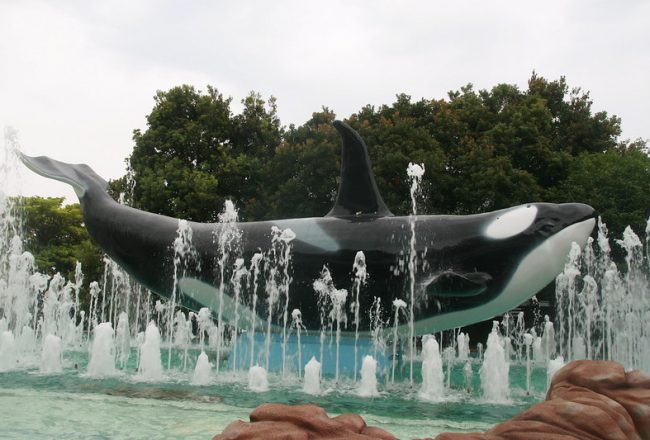 Adventure World Orca fountain at the front gates