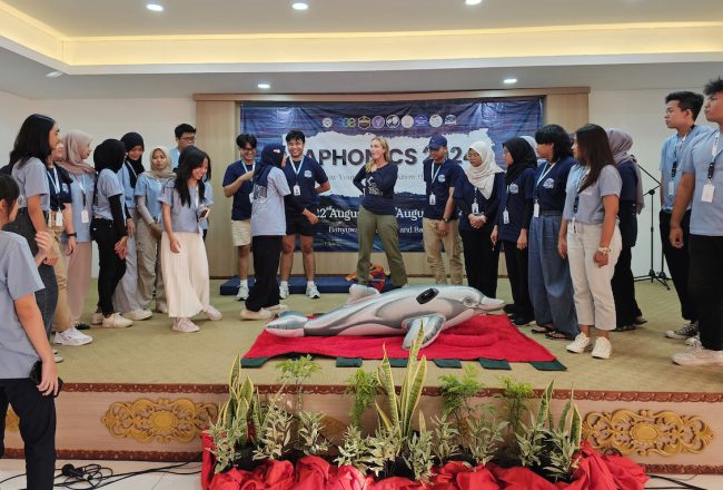 Deny, Umah Lumba's marine mammal veterinarian speaks about the marine mammal stranding response and welfare issues, Bali, Indonesia.