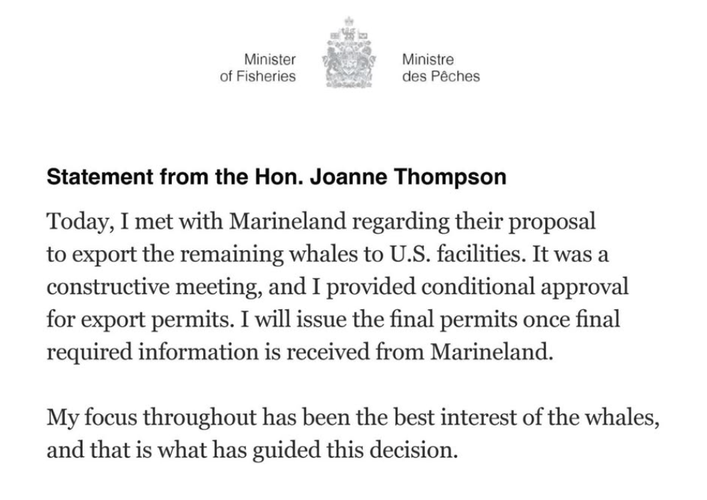 Statement from the Honorable Joanne Thompson on the transfer of marine mammals from Marineland Canada, Instagram 1/26/26